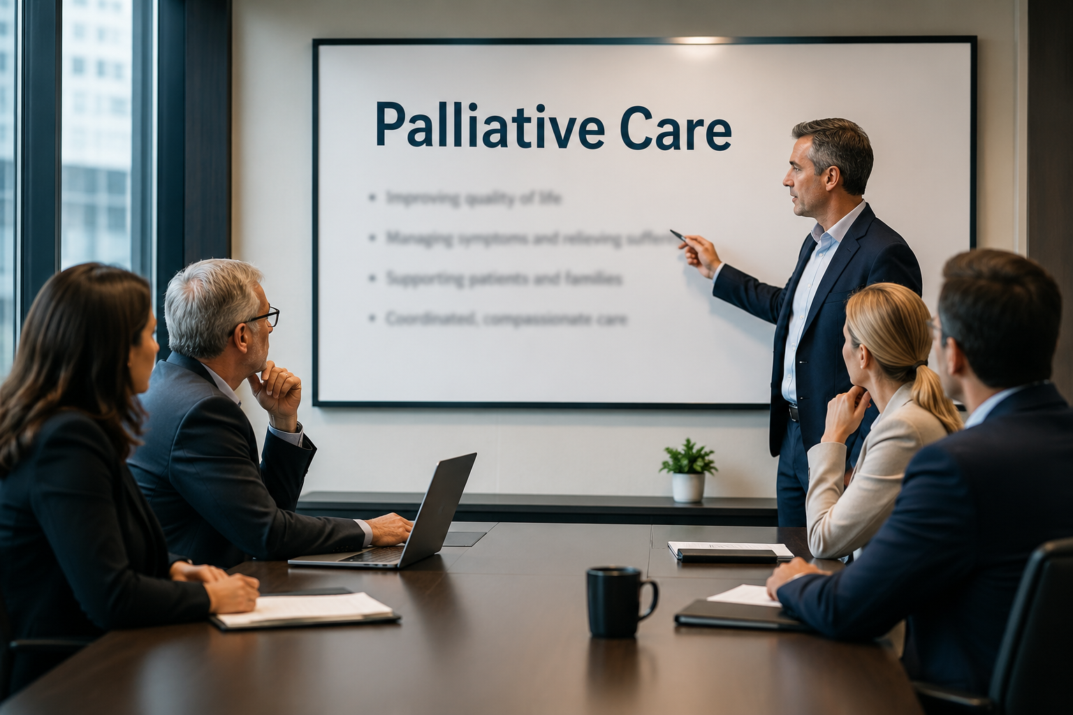 Executive leadership team reviewing palliative care initiatives during a healthcare strategy meeting