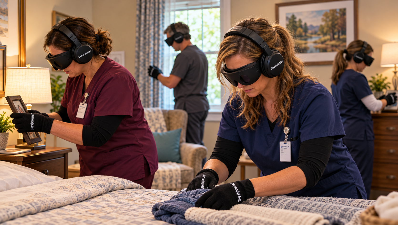 Caregivers participating in interactive dementia care training and reflecting on person-centered communication skills.