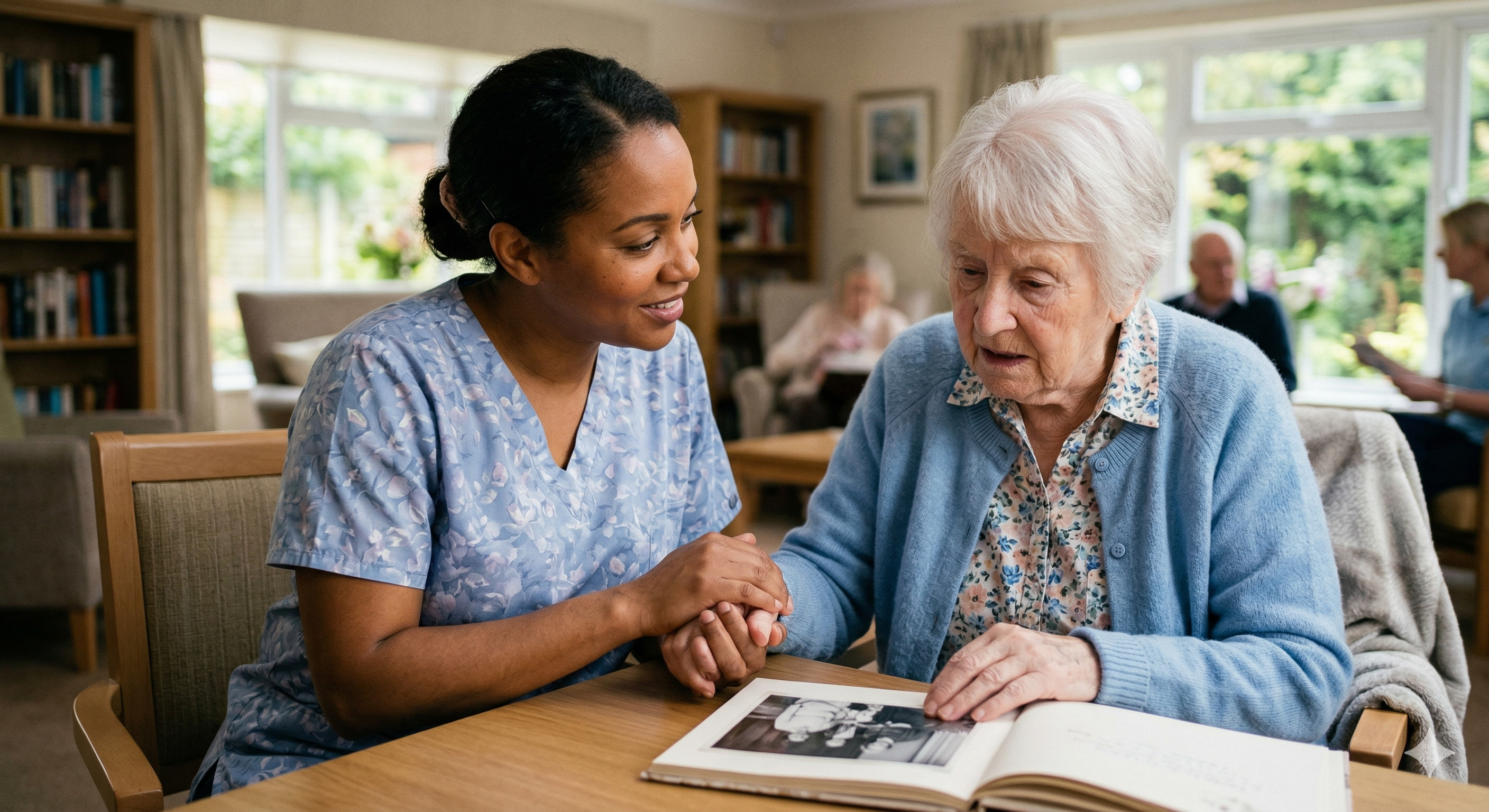 caregiver looking at photo album with older adult, offering comfort and reassurance